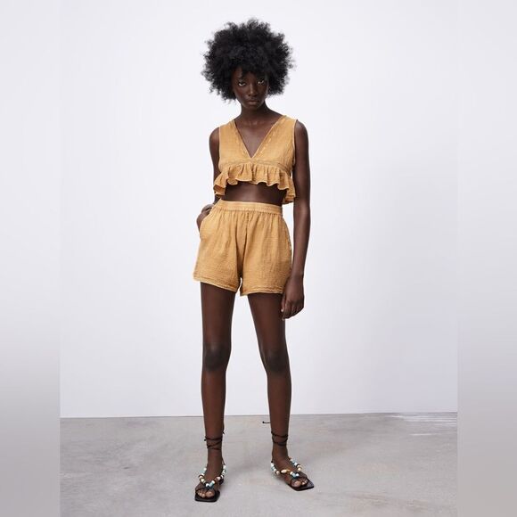 ZARA BOHO RUFFLED TOP AND COMFORT SHORTS - Picture 1 of 6